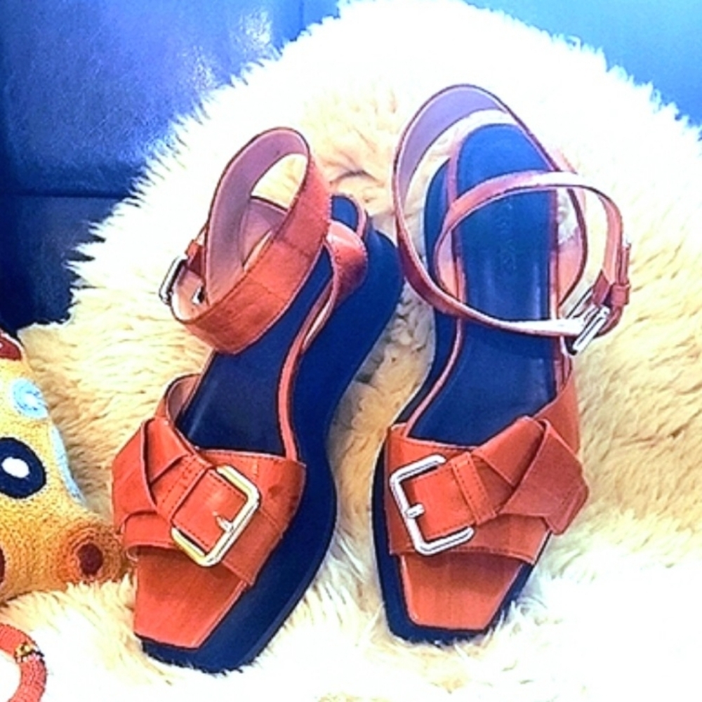 SPORTMAX Italian Leather Burnt-Orange, Black Platform, Buckles, Ankle Straps
